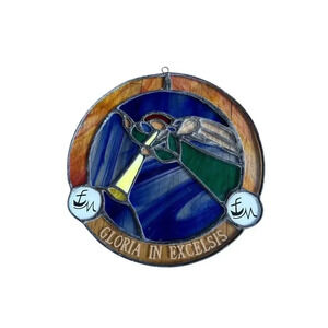 Gloria In Excelsis FM Stained Glass Trumpeting Angel Sun Catcher 8” Round Vntg